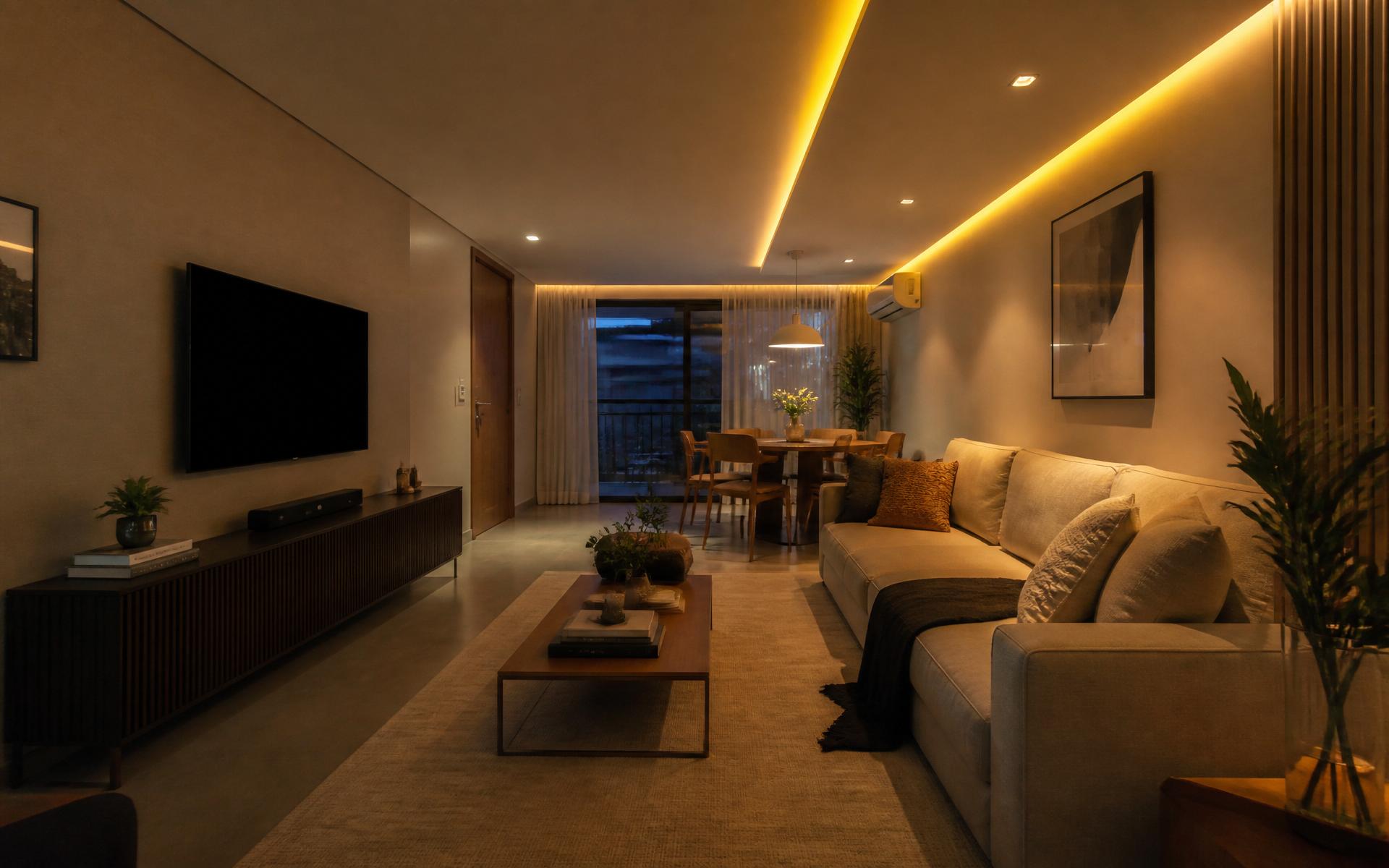 Sala contemporânea de alto padrão com iluminação LED em sanca